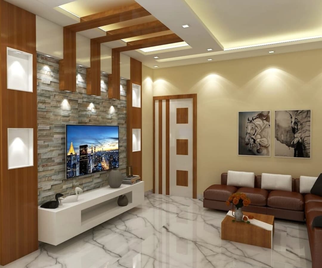 Salon moderne avec un grand téléviseur mural allumé