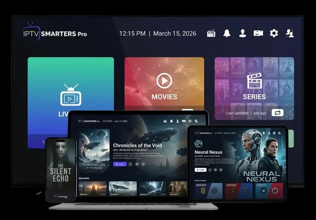 IPTV Smarters Pro affiché sur une Smart TV, un ordinateur portable, une tablette et un smartphone